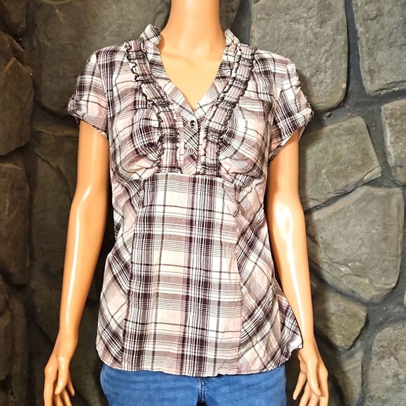Triple Heart Grey & Pink Plaid Ruffle Blouse - Picture 1 of 13